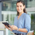 Tablet, office and business woman in portrait for website management, Human Resources innovation an